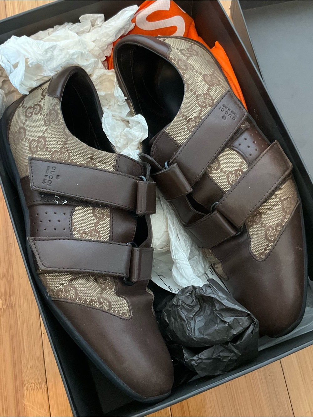 Gucci Brown Leather & Beige Monogram Velcro Loafers